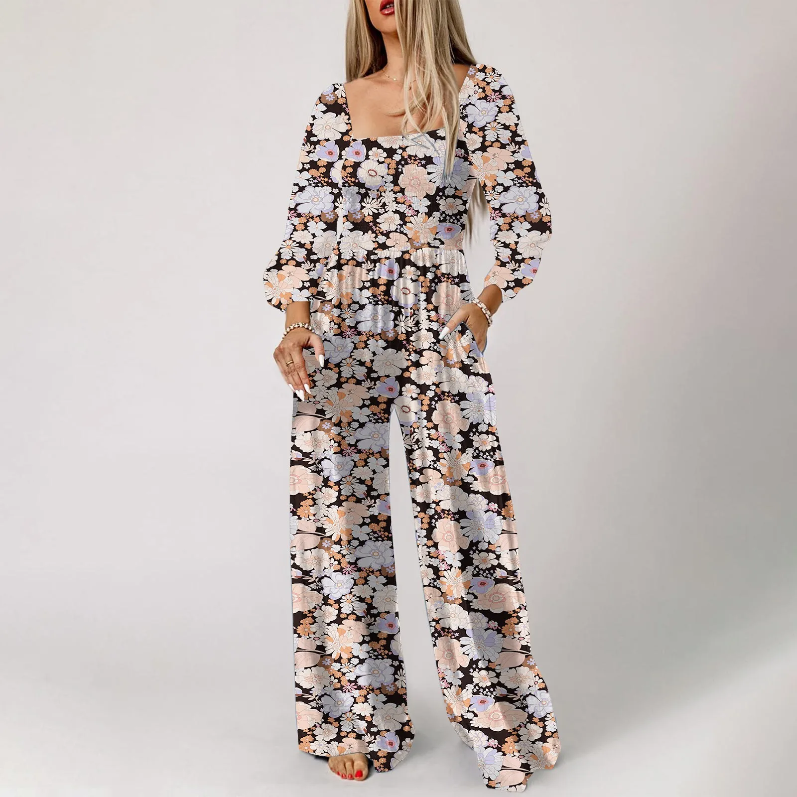 Women's Temperament Floral Jumpsuit Casual Square Neck Long Sleeve Wide Leg Pants Fashion Female Boho Style Holiday Playsuit