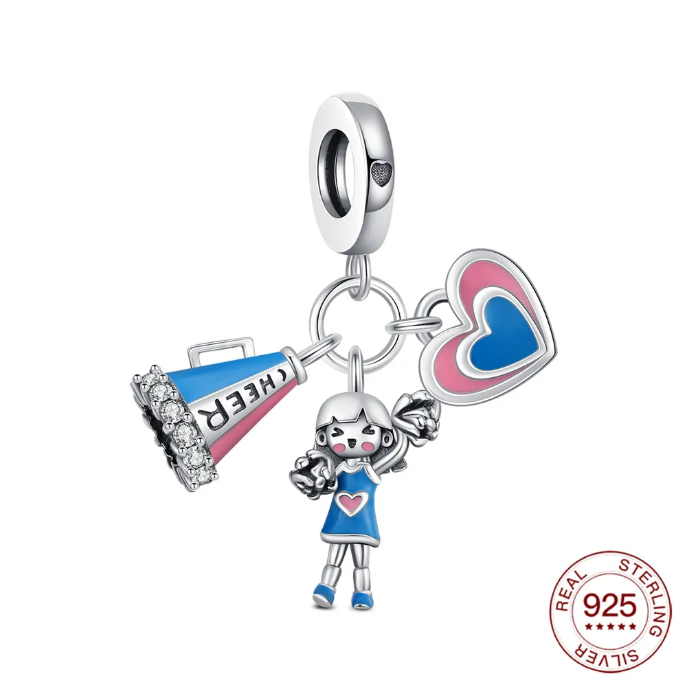 Neues 925 Sterling Silber Charms Cheerleading Dreiteiliges Anhänger-Set Passend für Original-Armband DIY Schmuck Outfit Geschenk für Frauen – Detail 2