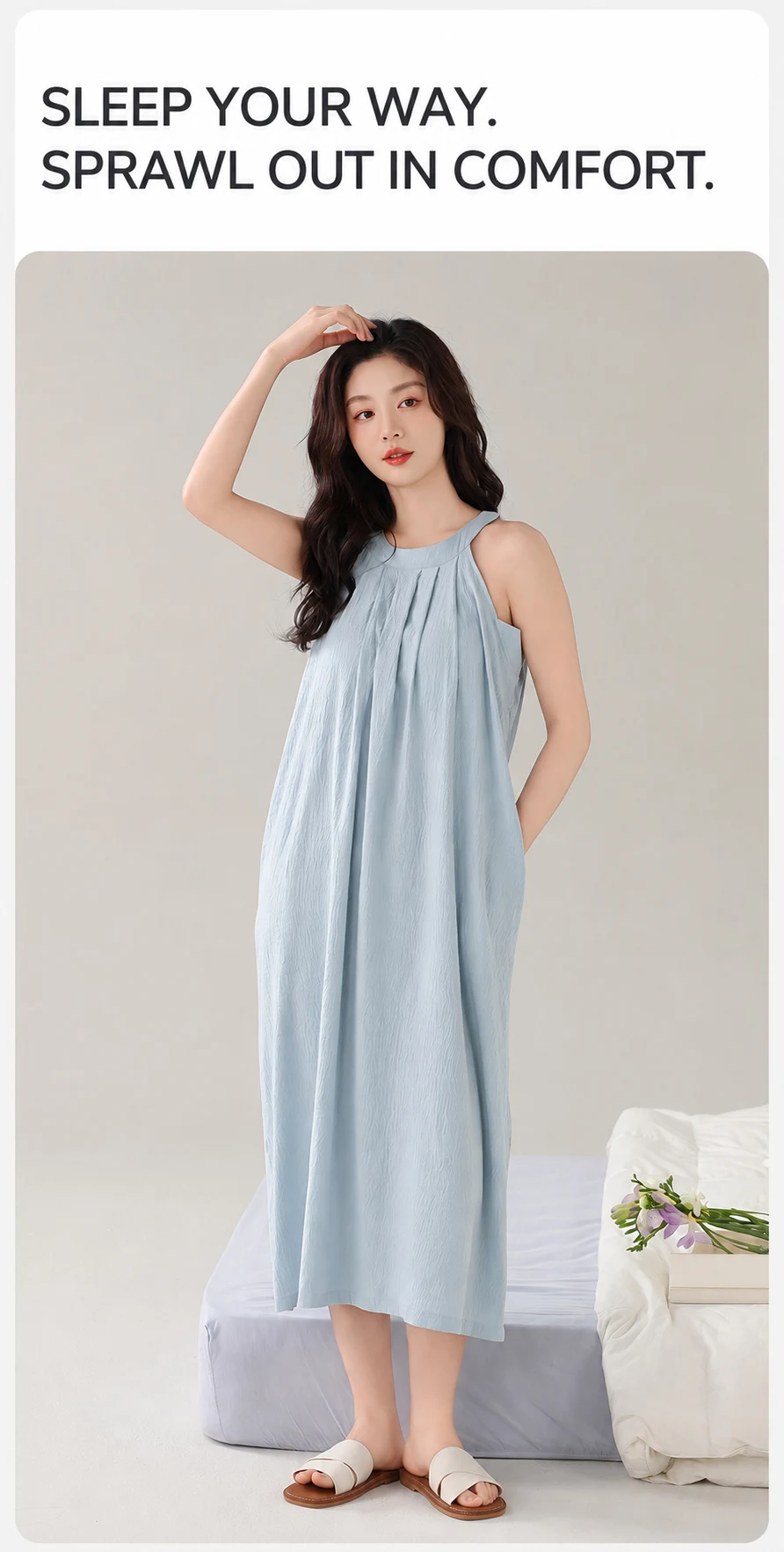 Damen Gepolstertes Ärmelloses Nachthemd mit Eingebautem BH, Herausnehmbaren Polstern, Langes, Weiches Schlafkleid, Sommer-Loungewear, Hauskleid mit Tasche – Detail 13
