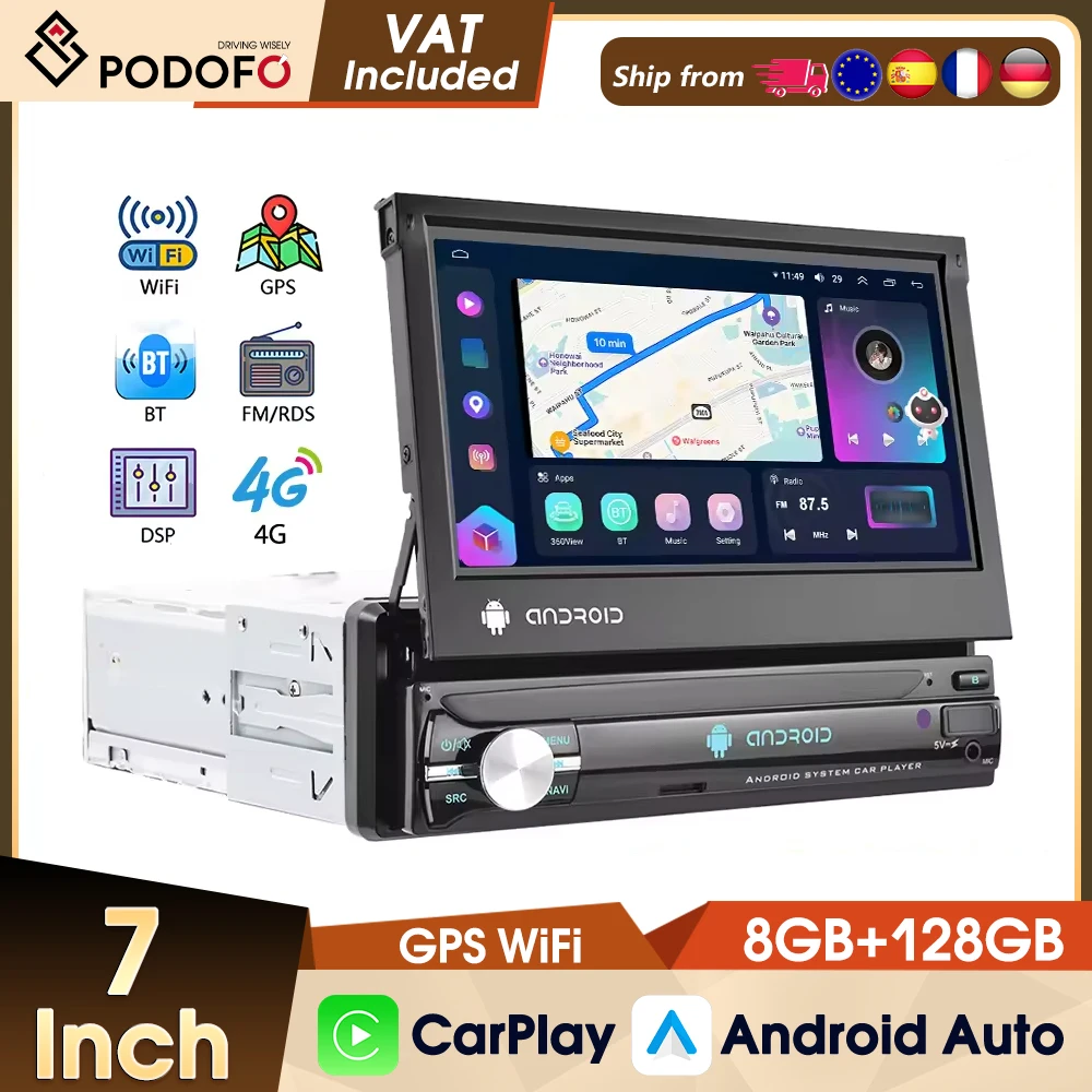 Podofo 8+128G Carplay 1 Din Android Auto-Multimedia-Videoplayer mit drehbarem Bildschirm, Auto-Audio, GPS-Navigation, BT, WIFI, FM-Empfänger