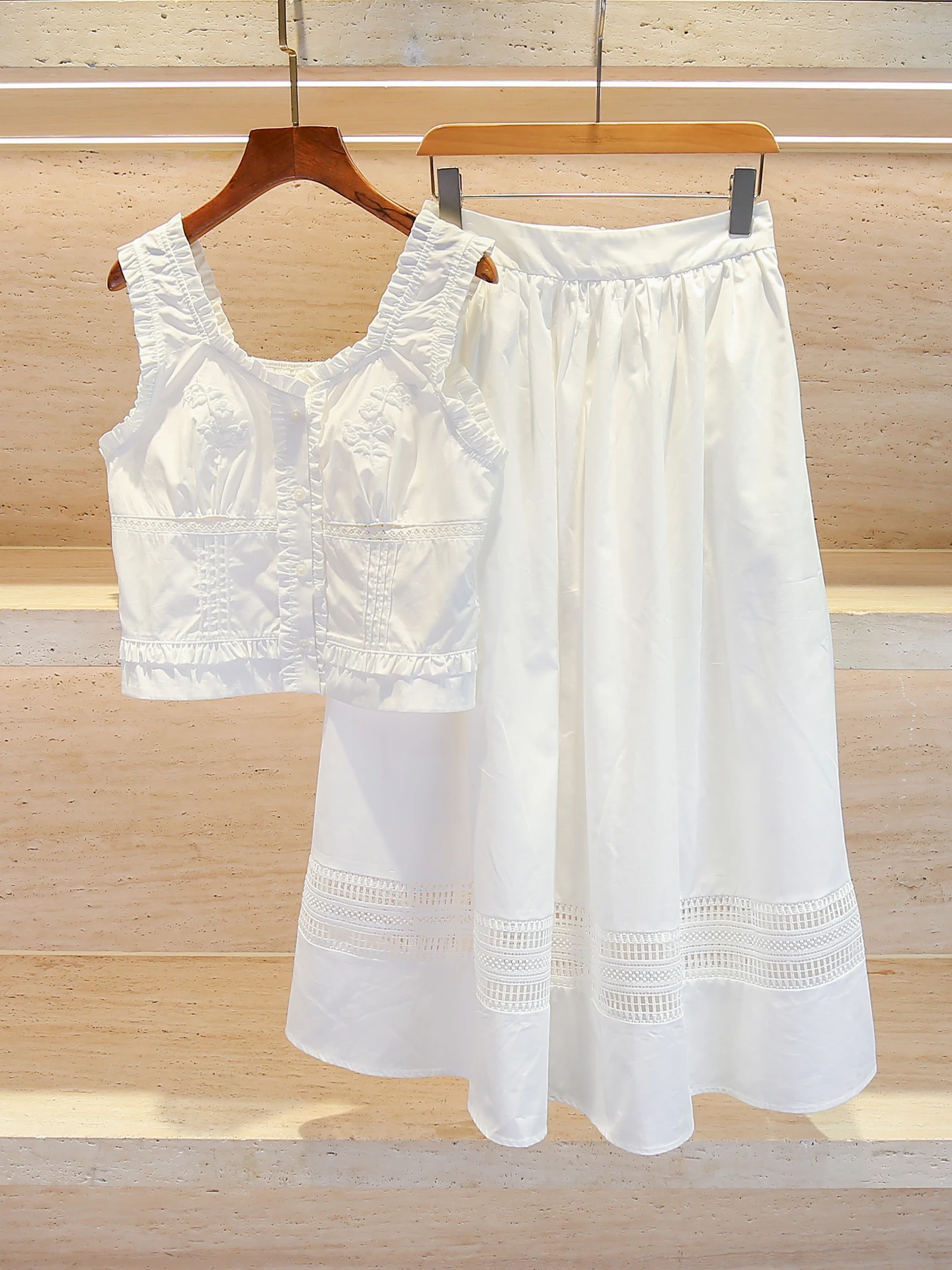 

White Embroidered Strap Vest Top And ter Skirt Set High-End Women's Faion Summer Outfit by Nan You in Polyester Fiber
