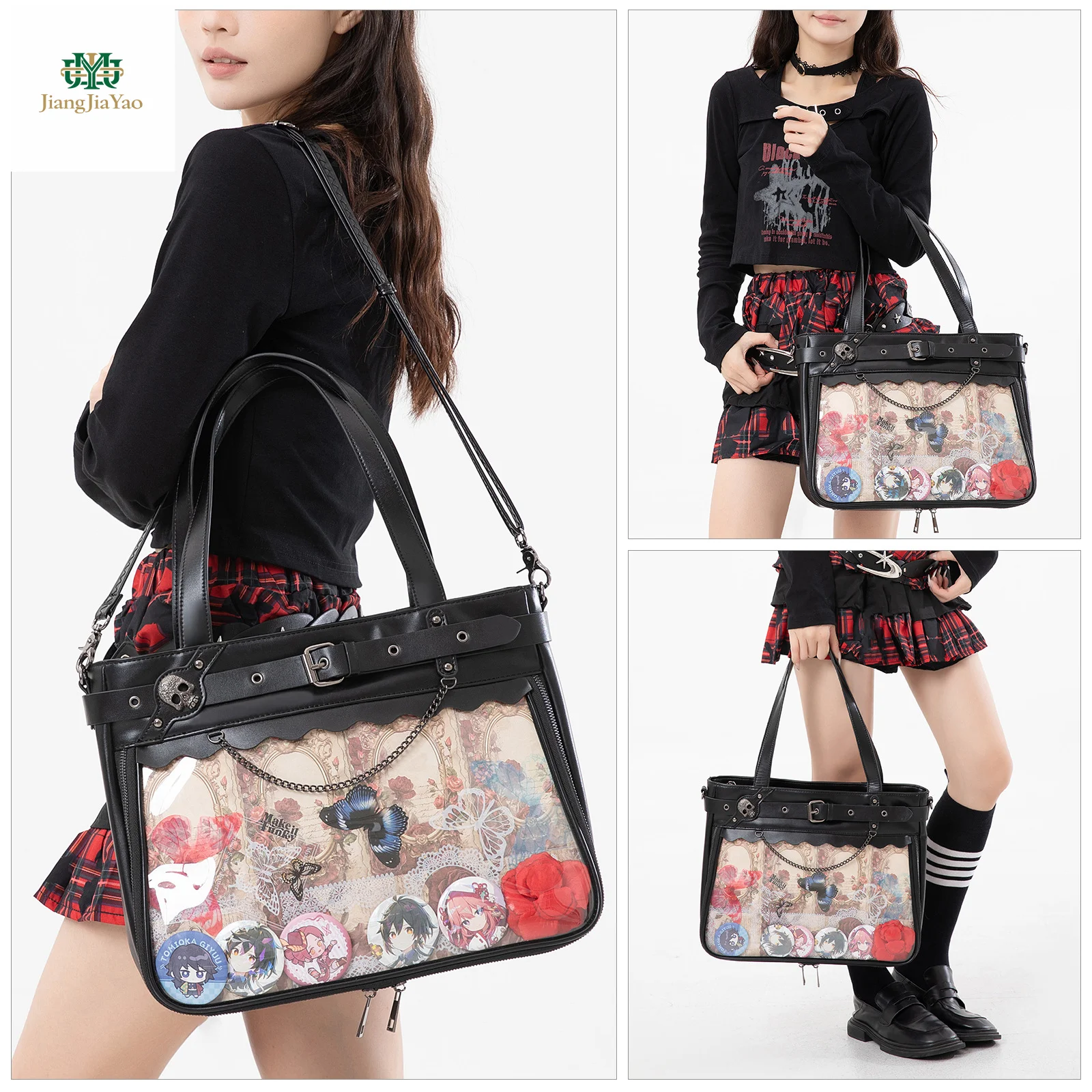 

Japanese Style Manga Exhibition Girl Pain Bag Large Capacity Square PU Shoulder Bag Black Handbag Bar Transparent Display Bag