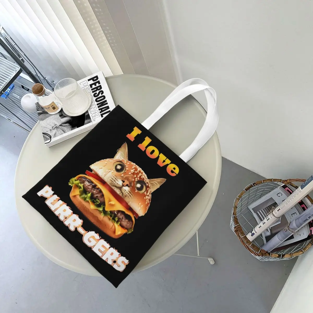 Bolso Tote Unisex de lona con diseño único, bolsa divertida de hamburguesa, gato, Meme, I Love PURR-GERS, comida chatarra, informal, Y2K