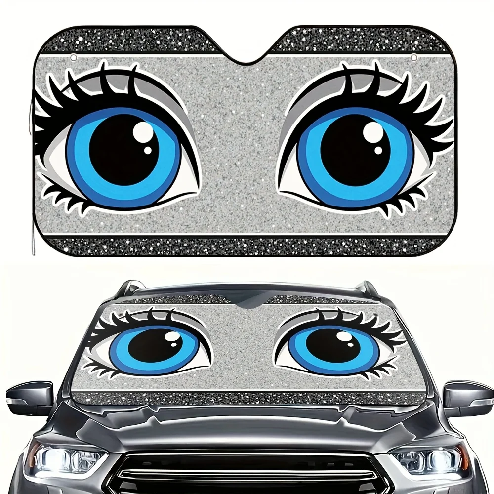 1pc Sparkling Blue Eyes Print Car Sunshade – Keeps Your Car Cool & Stylish, Foldable For Easy Storage, Easy Installation With 4