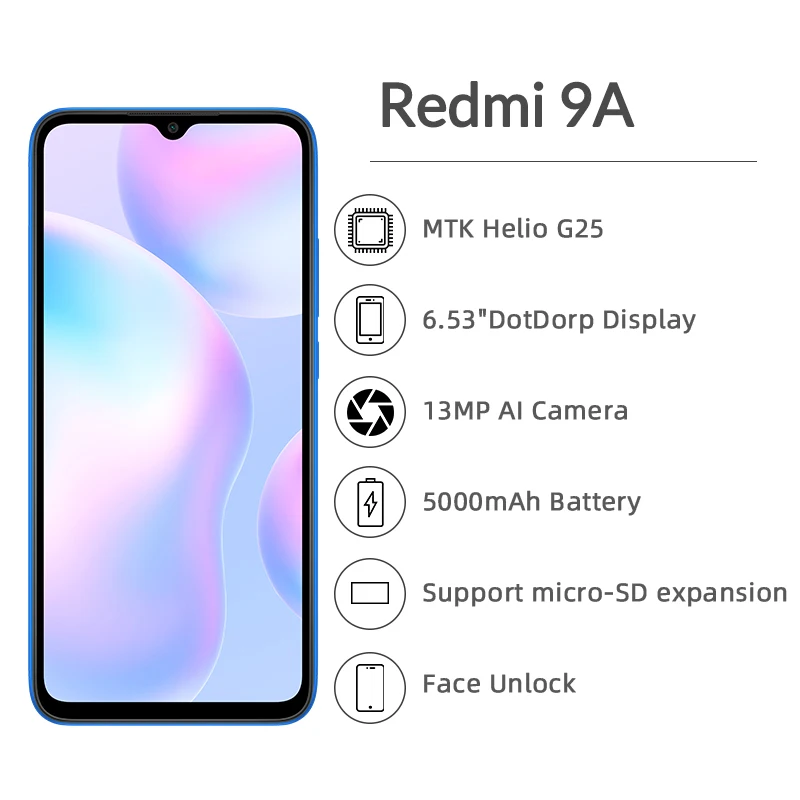 Xiaomi-Smartphone Android Redmi 9A 4G, Version globale, 4 Go, 64 Go, 5000mAh, 13MP, MTK Helio G25, Smartphone d'occasion