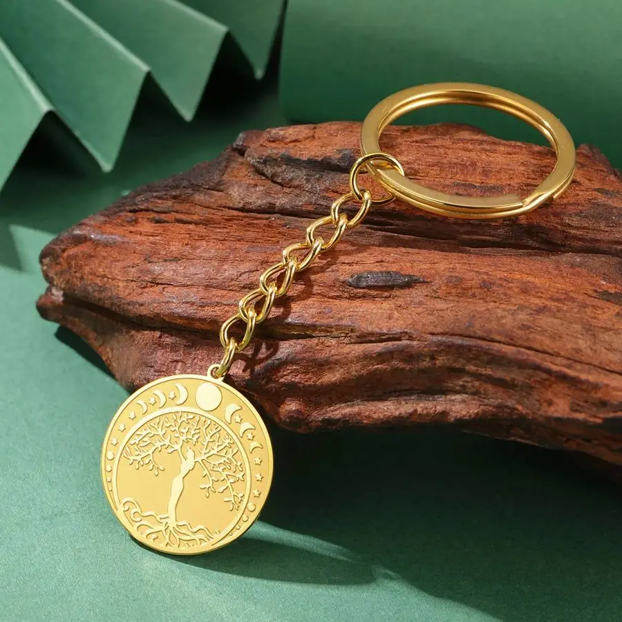 Dawapara Moon Phase Tree of Life Pendant Keychain Sun Moon Irish Triquetra Pendant Stainless Steel Religious Keyring Jewelry