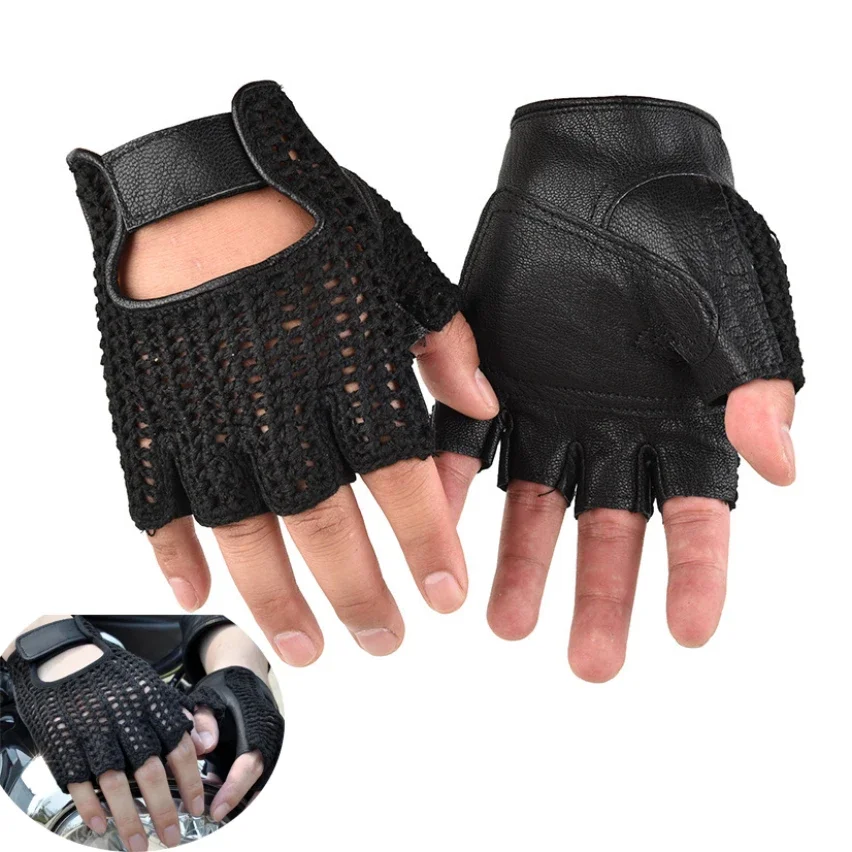 Half Finger Gloves Leather Mesh Motocross Fishnet Bike Driving Tactical Gloves Motorcycle Accessories Work Riding Men\'s Gloves