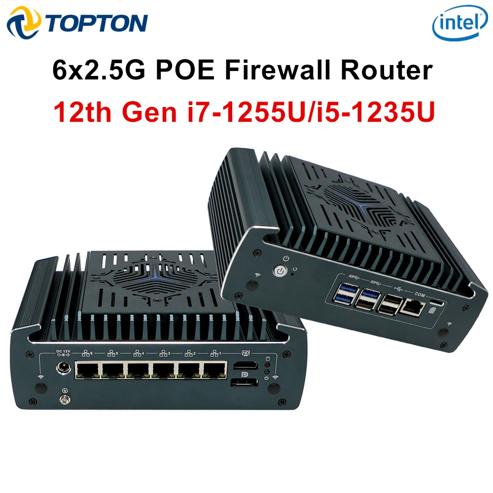 Topton Mini PC con 6×2.5G LANs POE, Firewall, VPN, Intel i7 1255U/i5 1235U de 12.ª Generación, 2xDDR4, NVMe, pfSense, Proxmox, ESXi, Servidor Doméstico