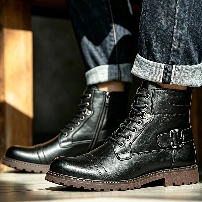 men's casual stage nightclub natural leather boots lace-up platform shoes cowboy tooling work boot black brown ankle botas mans