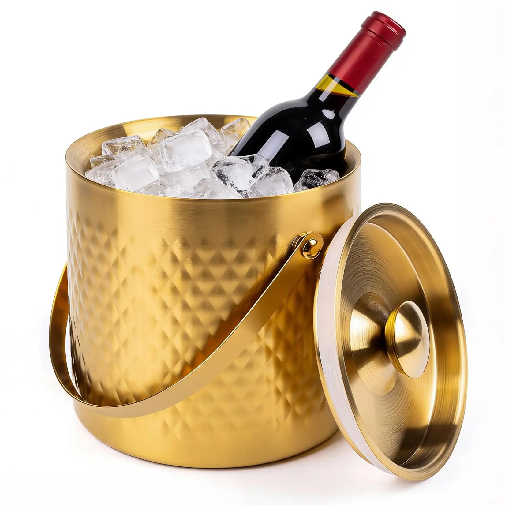 1 Piece 3.0L Golden Stainless Steel Ice Bucket, 7.5×7.5×7.3 Inch (19×19×18.5cm), Sealed Lid & Diamond Pattern, Portable Handle, Food-Grade, Durable, for Luxury Parties, Home Decoration & Holiday Gifts