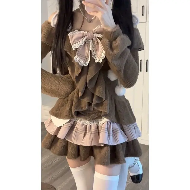 

2026 Autumn Spring Brown Off Shoulder Bow Tie Up Cardigan + Plaid A-line Skirt Two Piece Sets Womens Outifits Sweet Y2k Suits