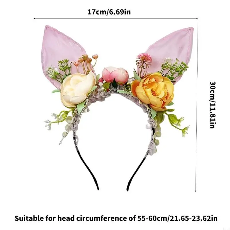U4LE Duże króliczki Uszy Opaska do włosów Polichromowany kwiat Opaska do włosów Kobiece opaski Anime dla dzieci i młodzieży