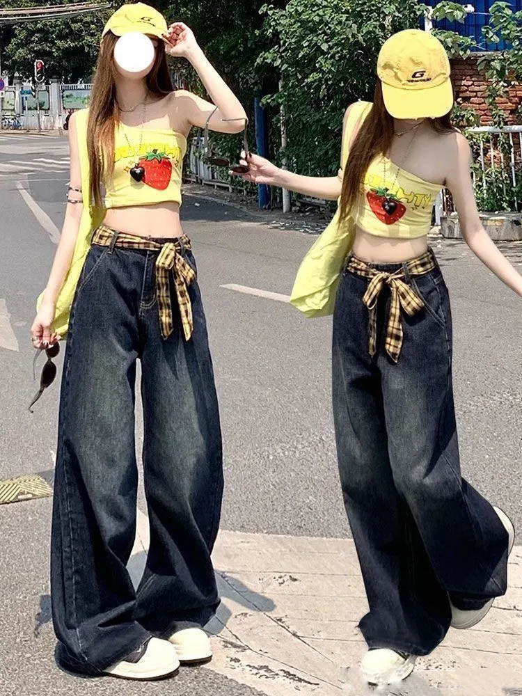 

Retro American Plaid Splicing Belted Denim Pants Women Summer New High Street Loose Straight Leg Wide Leg Pants