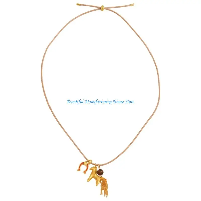 E56A Lightweight Adjustable Wax Rope Clavicle Necklace Unique Horse Pendant Neckchain