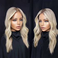 Creamy Blonde Highlights Synthetic Wig Ash Roots High Heat Futural Natural Wave Lace Front Wigs Glueless Friendly for Beginner