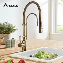 AITANA Luxury golden brass kitchen faucet with retro design, single handle Hot and Cold dual control 2 function Sink Mixer
