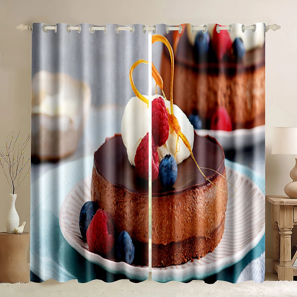 Cake Blackout Curtains,Strawberry Blueberry Cake Ice Cream Cupcake,3D Printed Desserts Chocolate Cake Food Theme Window Curtains