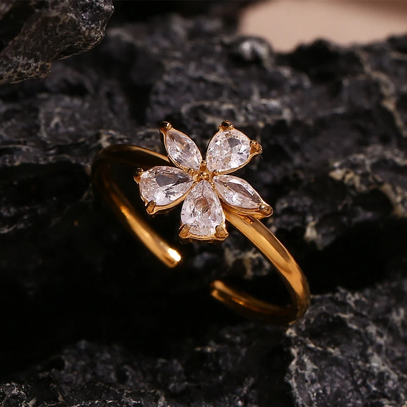 PRISCA | Women Zicron Flower Open Ring .Stainless Steel. Elegant Party Jewelry. Korean Fashion. Trendy Gift