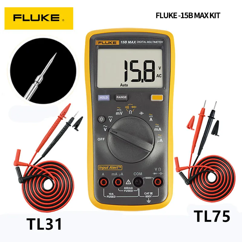 فلوك 15B ماكس 17B ماكس كيت مقياس رقمي متعدد DMM إنذار مسموع/مرئي التيار المتناوب/تيار مستمر الجهد الحالي السعة أوم جهاز قياس درجة الحرارة