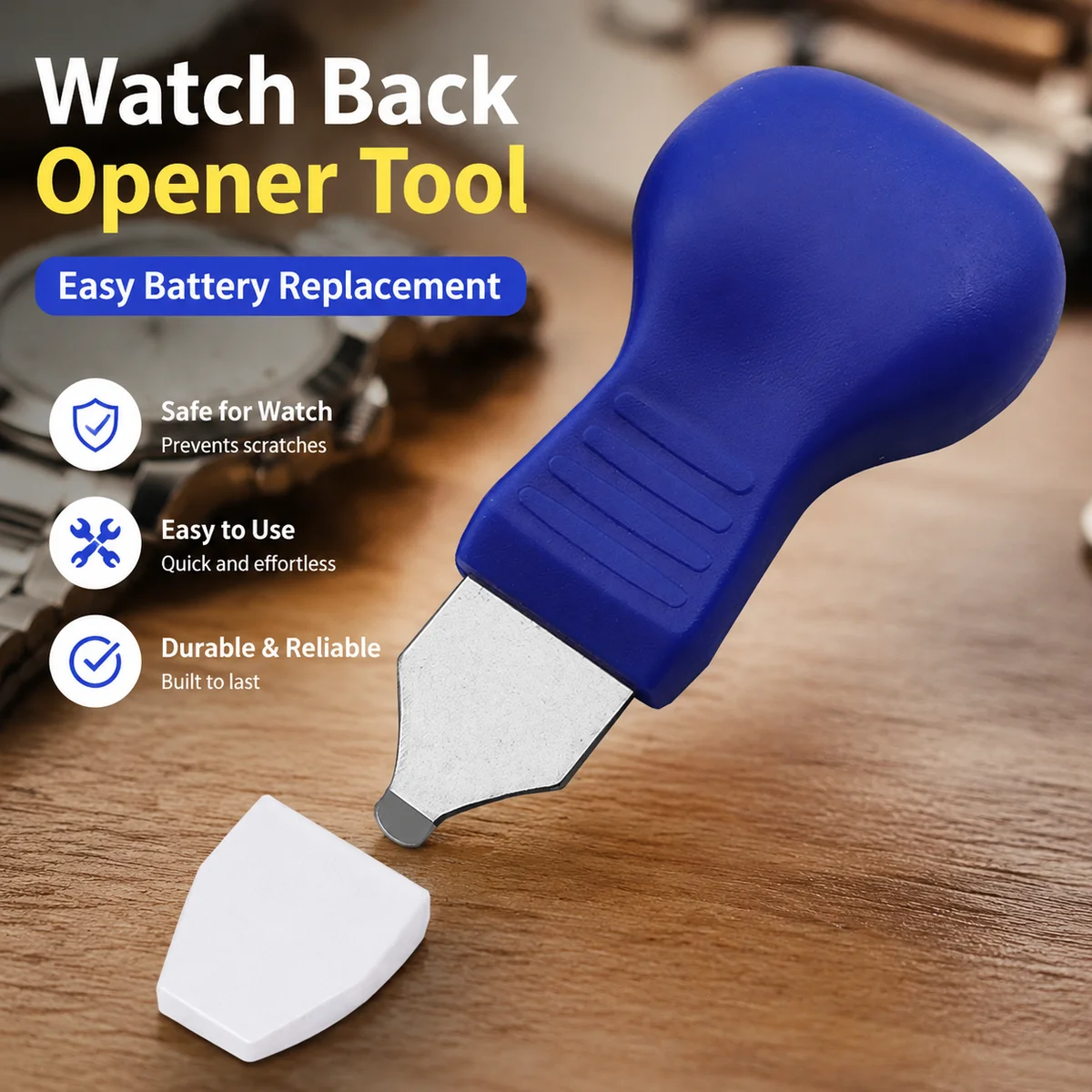 Blue Watch Case Back Opener Tool with Metal Pry Tip for Press-In Watch Battery Replacement and Small Repairs