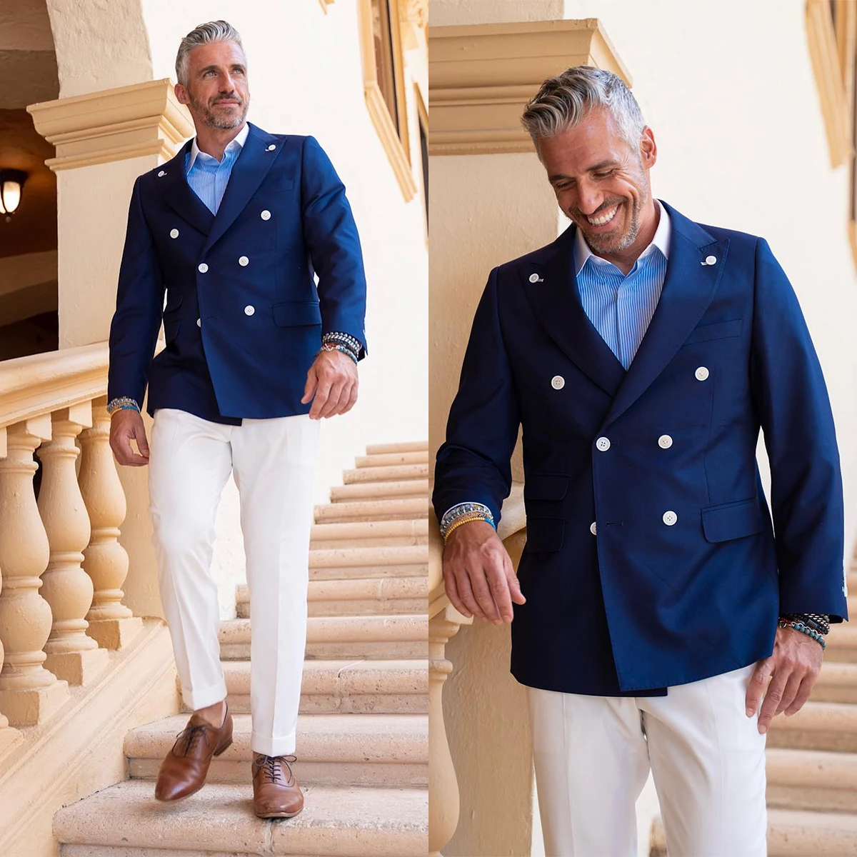 

Men's Suit 2 Pieces Navy Blazer White Pants Double Breasted Peaked Lapel Slim Business Formal Work Wedding Groom Costume Homme