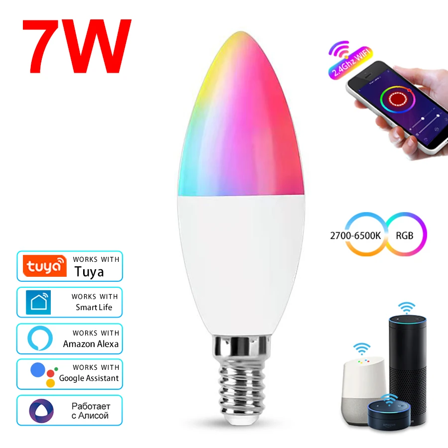 Tuya Smart WiFi LED Lamp E14 Kaarslicht 5W 7W 9W 220V Dimbare RGB Lamp APP Spraakbesturing Alexa Google Assistent Home Decor