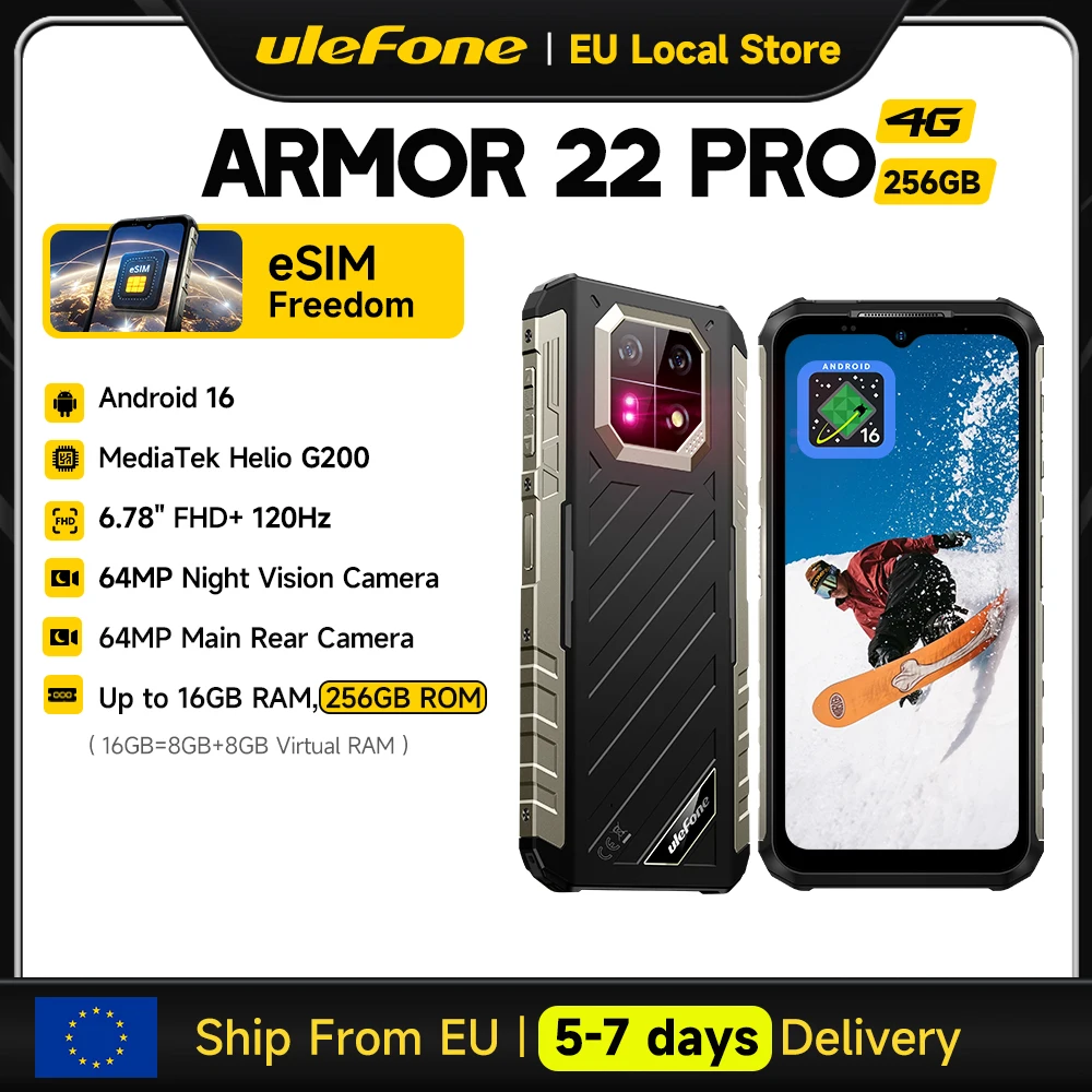 [256GB ROM] Ulefone Armor 22 Pro eSIM Robuuste Telefoon Outdoor Smartphone Android 16 MTK G200 Tot 16GB RAM 6.58" Scherm 6600mAh Batterij Waterdicht Stootvast 64MP Nachtversie Camera Globale Mobiele