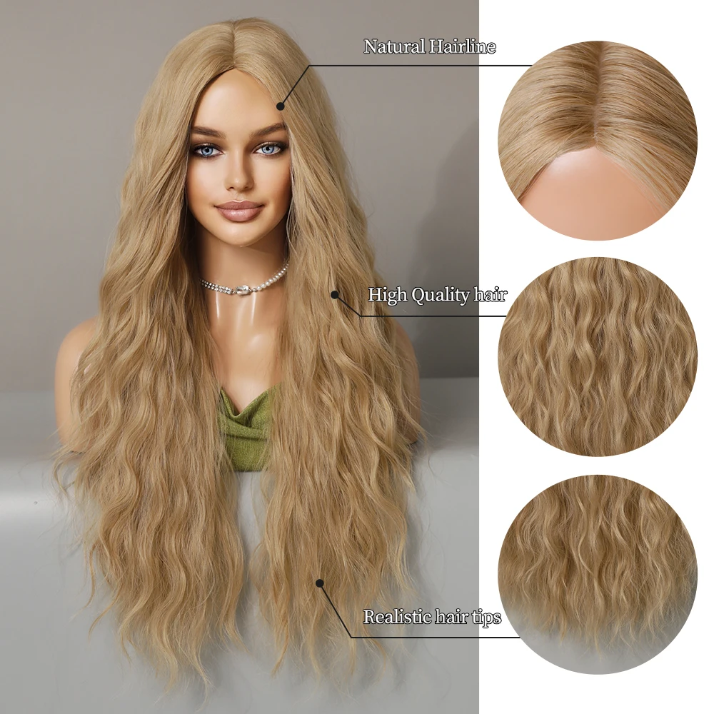 Long Wavy Curly Blonde Wigs for Women Natural Mid Parting Synthetic Wigs Daily Use Heat Resistant Party Fake Hair