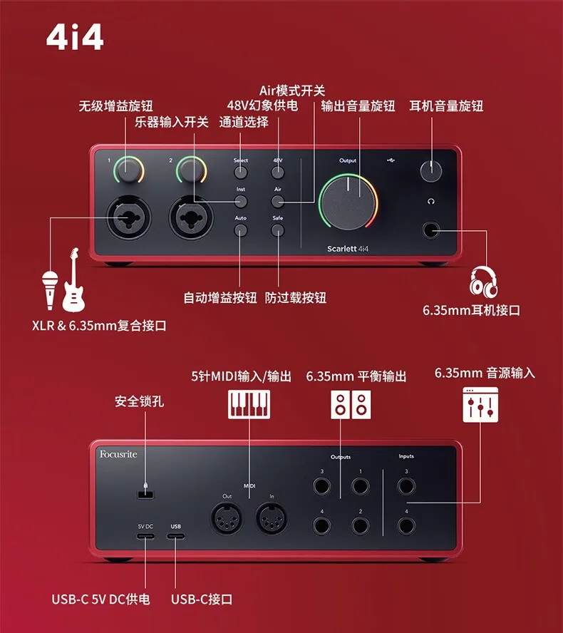 Аудиоинтерфейс Focusrite Scarlett 4i4 4-го поколения, 4 входа/4 выхода, USB, компактный студийный хаб, звуковая карта (модель 2026 года)