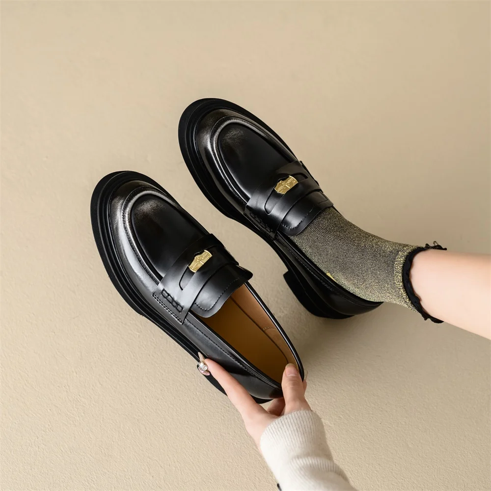 Taoffen Retro Loafers For Women Genuine Leather Square Heel Metal Decoration Pumps Casual Round Toe Slip-On Office Lady Shoes