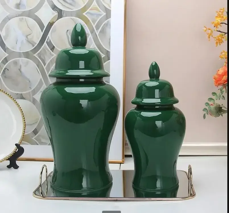 Green Ceramic Jar Storage Decoration Crafts Flower Arrangement Vase Rack Decorative Ornament