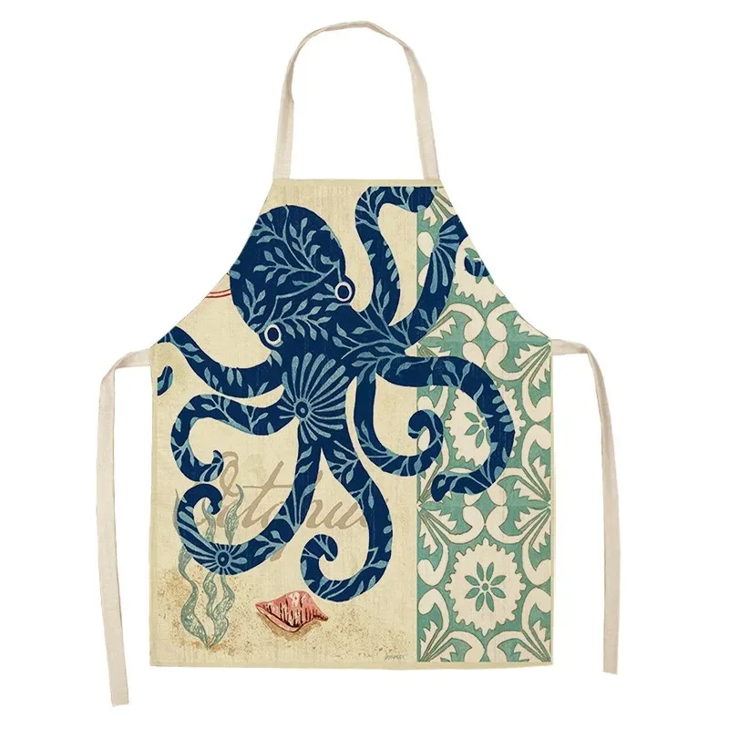 Marine Animals Printed Kitchen Chef Aprons for Women Kids Sleeveless Cotton Linen Bibs Cooking Baking Cleaning Tools 55x68cm