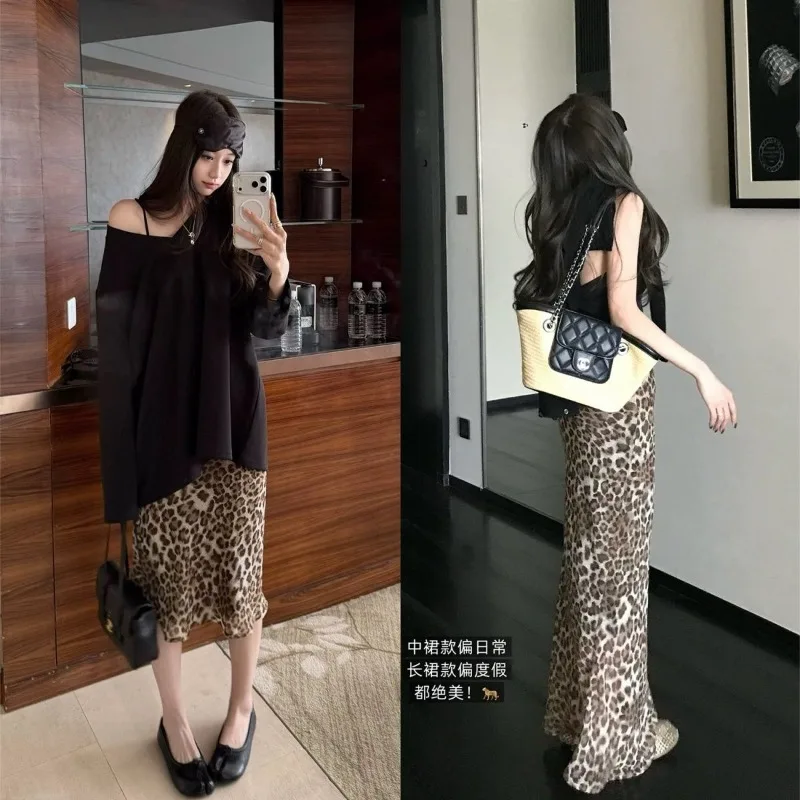 2026 New Summer Women's Leopard Print Sheer Midi Skirt, Elegant A-Line Slimming Slit Skirt with Lightweight Premium Drape Fabric