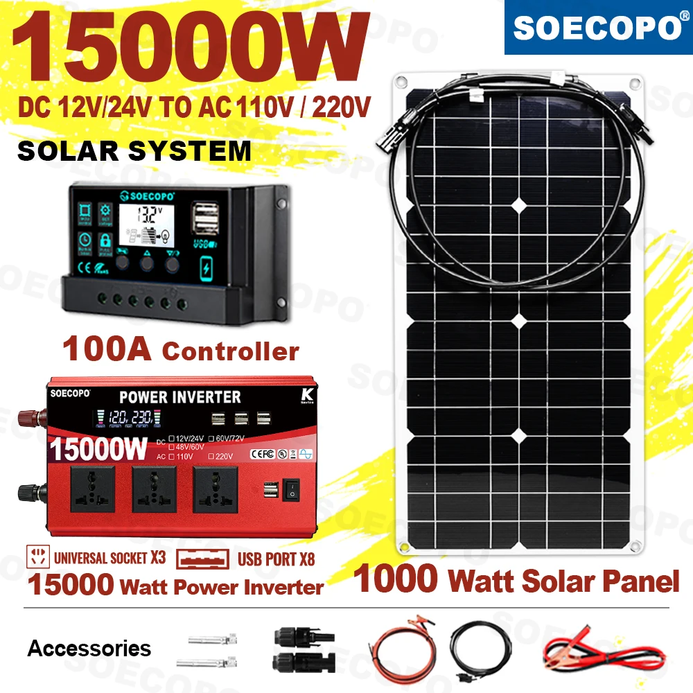 Energy Saving High Efficiency 15000W Solar Kit 12V Off-Grid System 1200W 110V 220V Inverter 100A Controller for home RV Picnic