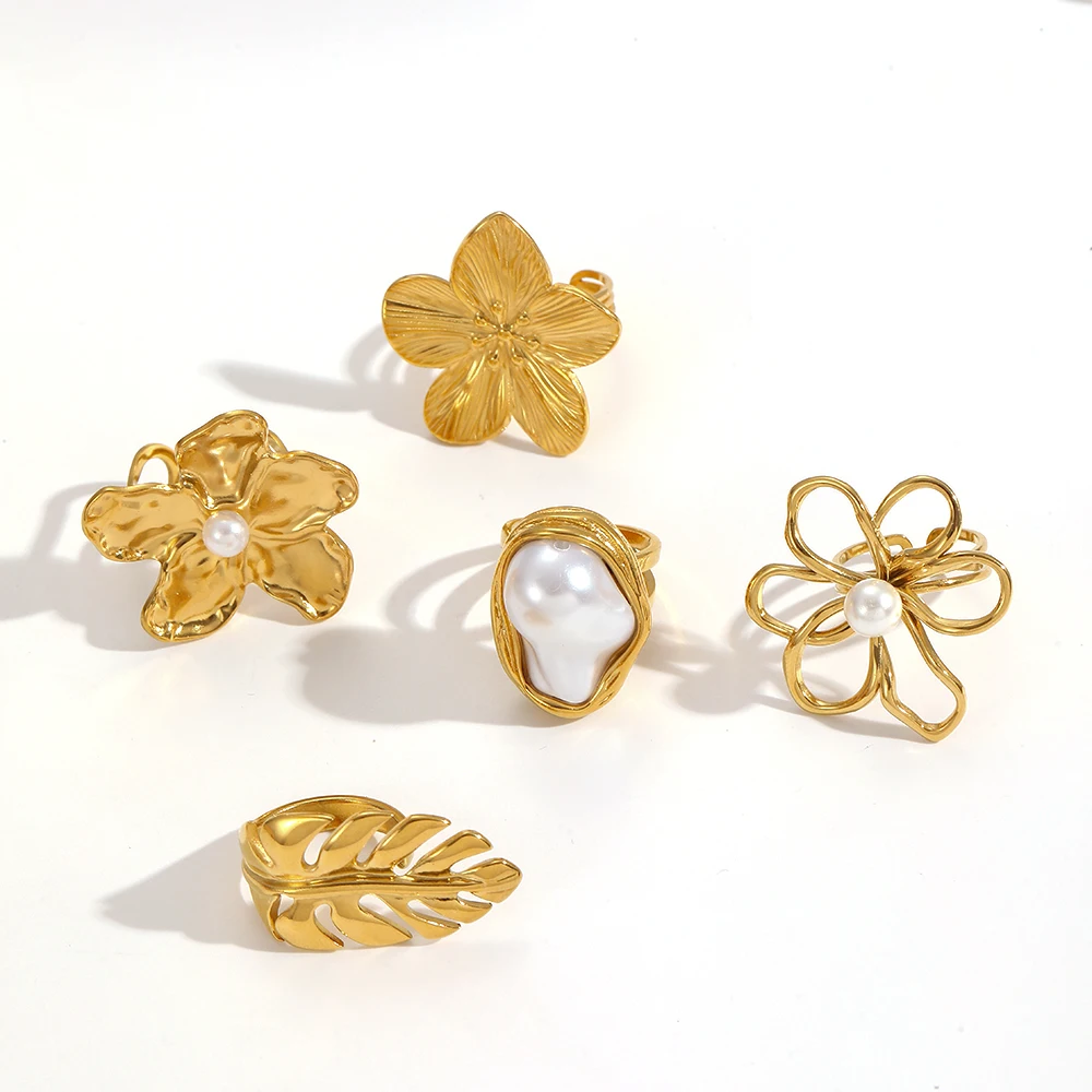 Persönliches Design, Edelstahl, hohle Blumen- und Blattmuster, offene Ringe für Damen, rostfrei, trendiger Schmuck, Accessoires, Geschenke. – Detail 1