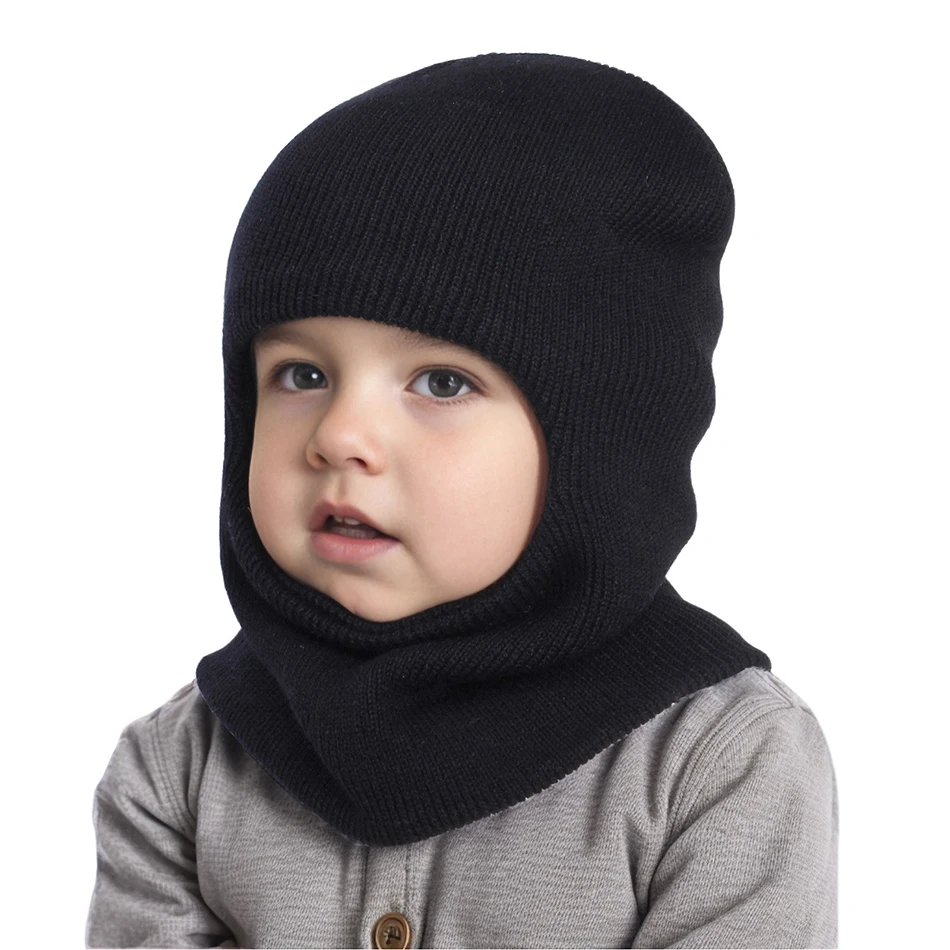 

New Winter Children Hat Scarf One Piece Warm Knit Balaclava Kids Ear Protection Cap Solid Color Toddler Beanie
