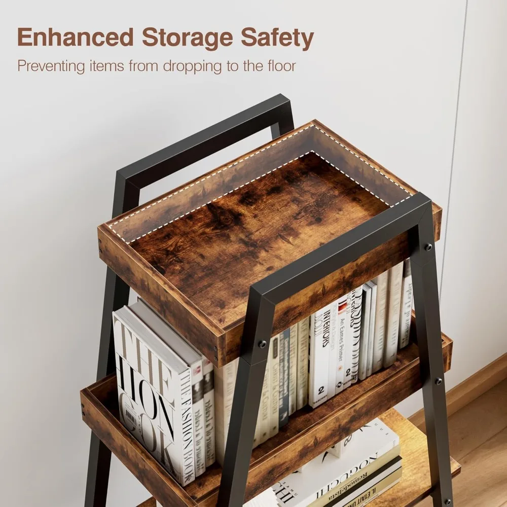 Estante de escada de madeira de 4 camadas com estrutura de metal, bordas fechadas e display aberto para sala de estar, quarto, escritório doméstico em marrom