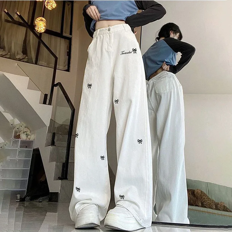 

New Women's Printed Jeans Spring Summer, High-waisted Straight-leg Wide-leg Denim Trousers, Fashion Female Casual Jeans White