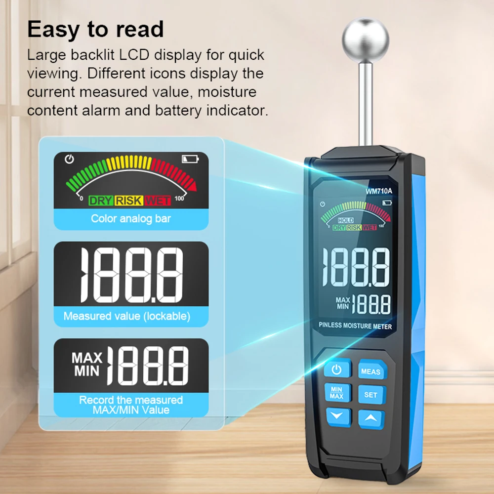 WM710A Digital Wood Moisture Meter Non-destructive Spherical Hygrometer Record Humidity Auto Detect Wettest Timber Damp Detector