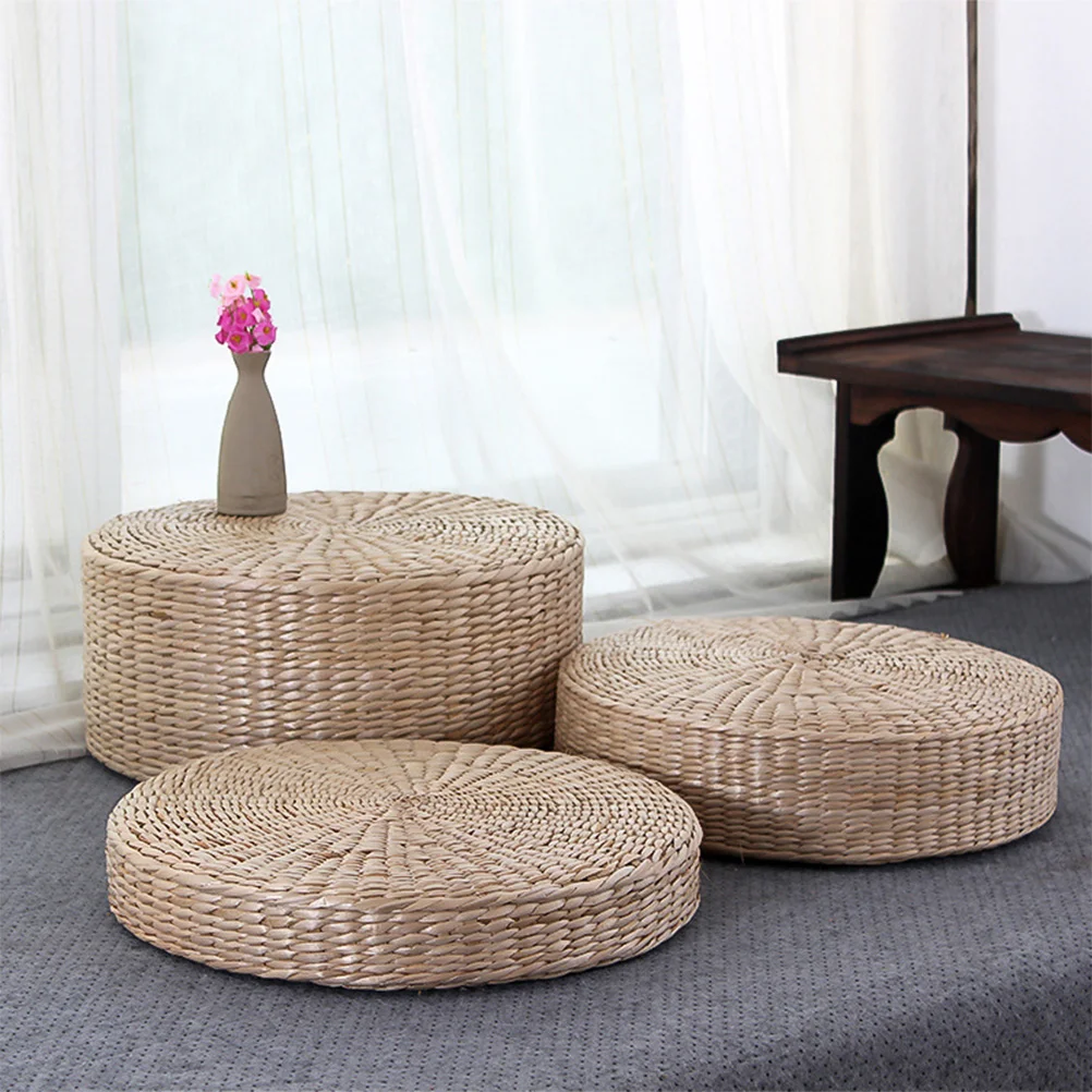 Manual Yoga Bolsters Straw Seat Pillow Wooden Round Floor Cushion Buddha Worship