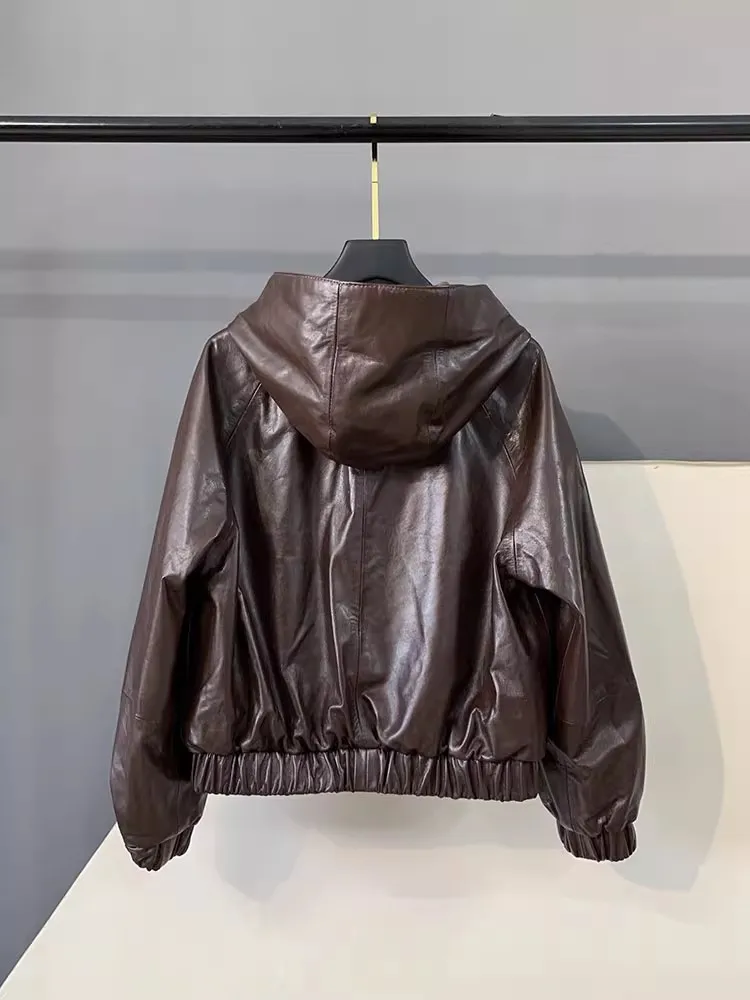 Giacca da donna in pelle di vacchetta cerata olio di alta qualità Autunno nuovo cappotto corto con cappuccio Cerniera Cappotto da donna retrò Giacche casual in vera pelle