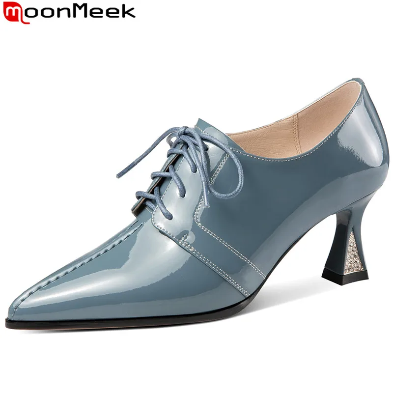 

MoonMeek 2023 New Size 33-43 Lace Up Patent Leather Single Shoes Woman Pointed Toe Dress Shoes Ladies Thick High Heels Pumps