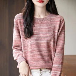 LDZWSM Women's High-quality Cotton Knitted Sweater Temperament Round Neck Top Breathable And Versatile Pullover Long Sleeved