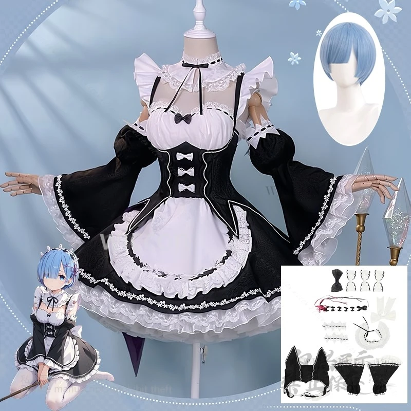 Anime Rem Ram Maid Dress Re:zero Kara Hajimeru Isekai Seikatsu Cosplay Thin Costumes Full Set Gorgeous Wigs Women Customized