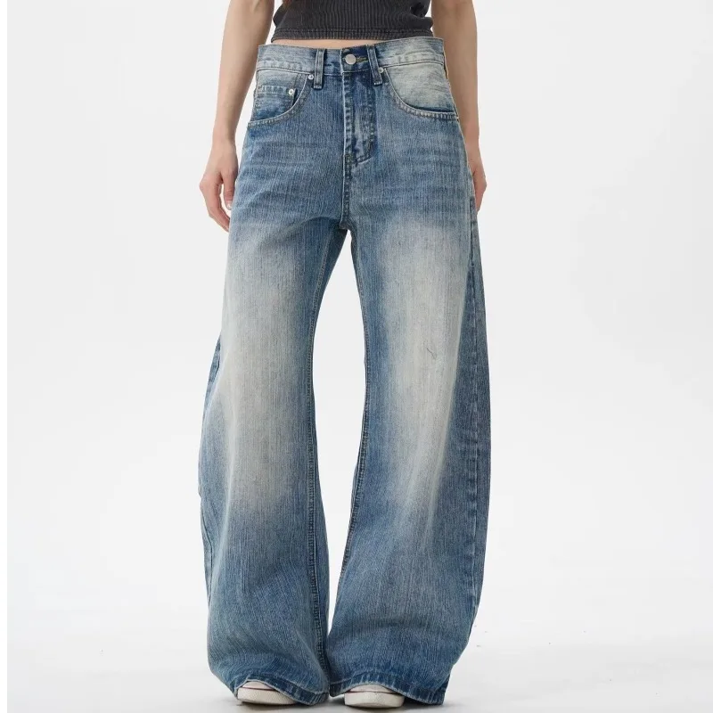 Celana Jeans Pria Motif Bambu Amerika Retro, Model Longgar Pinggang Tinggi Kaki Lurus, Celana Bent Knife Trendi untuk Pasangan, Celana Denim Kasual