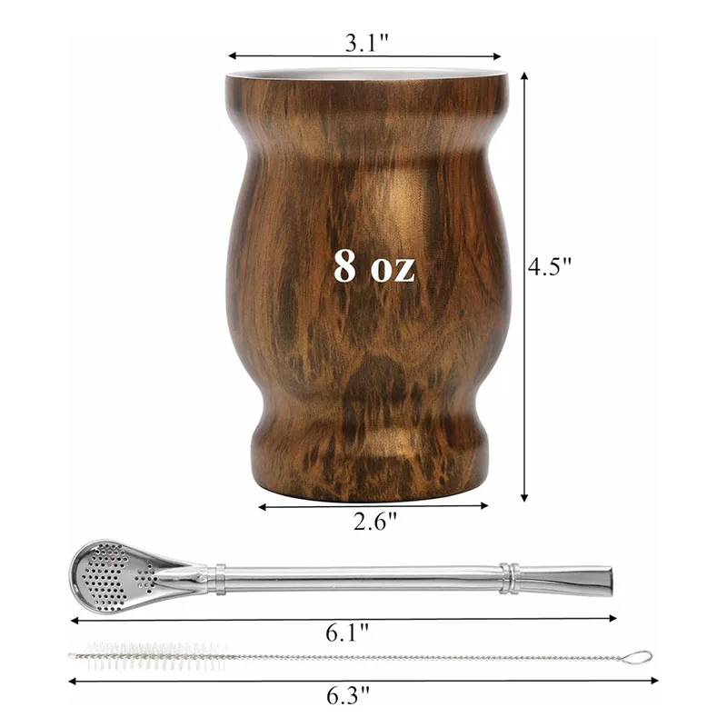 3pcs 8oz Yerba Mate Cup Set Yerba Gourd Cup 304 Stainless Steel Double Wall Mate Coffee Mug With Cleaning Brush and Bombillas