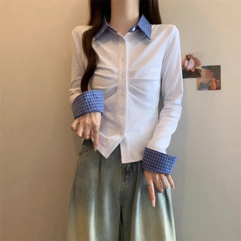 Slim Fit Long Sve irt femmes grande taille taille cintré couche de Base haut printemps nouveau Sle Plaid Patchwork décontracté Faion