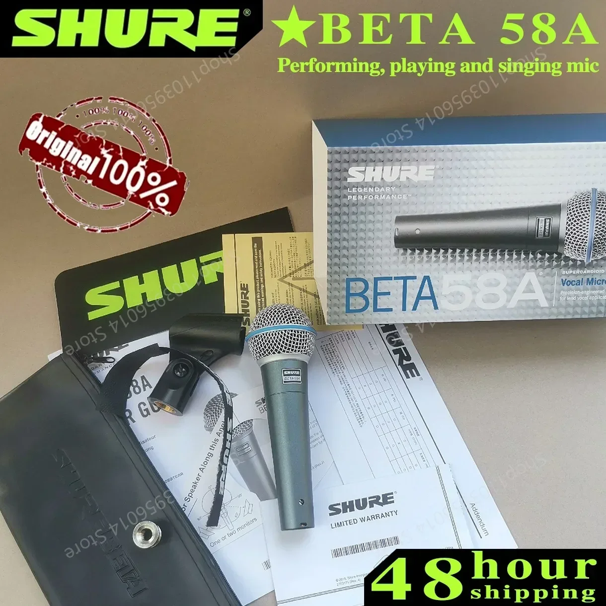 Original SHURE Beta 58A Dynamic Microphone Professional Wired Vocal Microphone for Singing Stage Karaoke Studio Computer Gaming