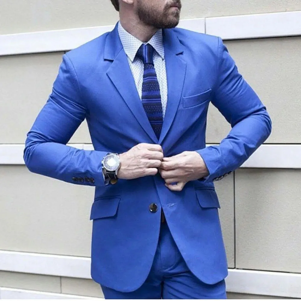 

Elegant Blue High Quality Men Suits Casual 2 Piece Jacket Pants Slim Fit Single Breasted Notch Lapel Blazer Prom Party Outfits