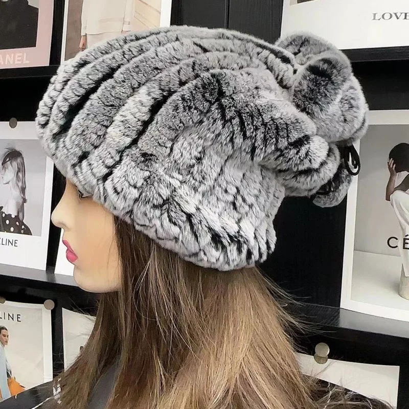 Real Rex Rabbit Fur Hat Fashion Neck Cover Russian Thickened Warm Ear Protection Hat Winter Women's Elastic Knitted Bomber Hat